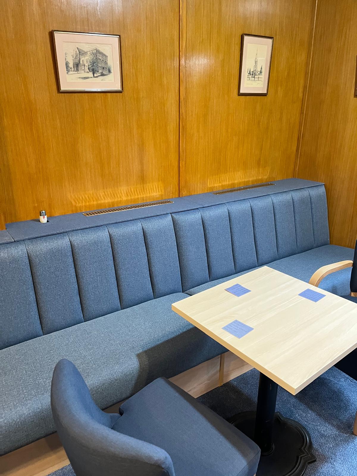 Masonic Hall Rushden - blue faux leather upholstery Masonic Hall Rushden - blue faux leather upholstery